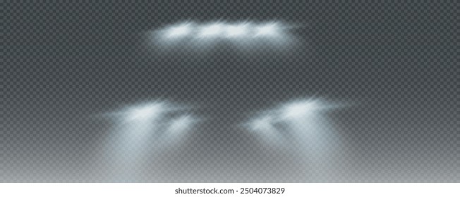 Realistic car headlights. Train moving effect, vector bright lights on transparent background png.	