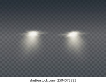 Realistic car headlights. Train moving effect, vector bright lights on transparent background png.	