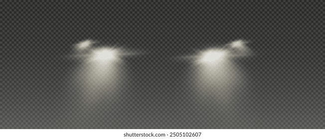 Realistic car headlights. Train moving effect, vector bright lights on transparent background png.	