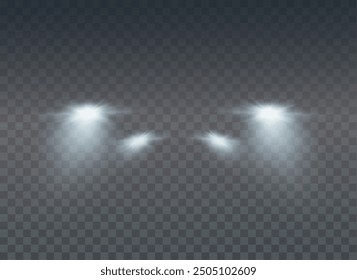 Realistic car headlights. Train moving effect, vector bright lights on transparent background png.	