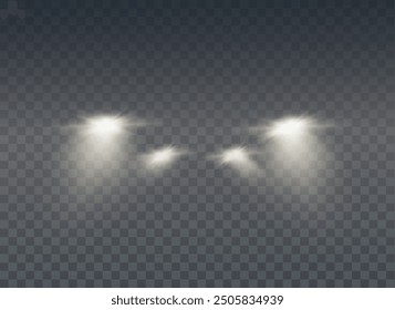 Realistic car headlights. Train moving effect, vector bright lights on transparent background png.	