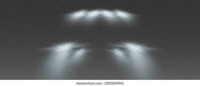 Realistic car headlights. Train moving effect, vector bright lights on transparent background png.	