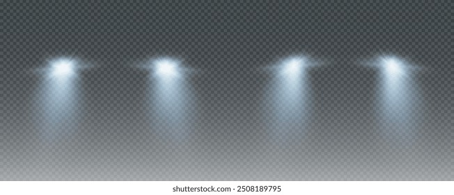 Realistic car headlights. Train moving effect, vector bright lights on transparent background png.