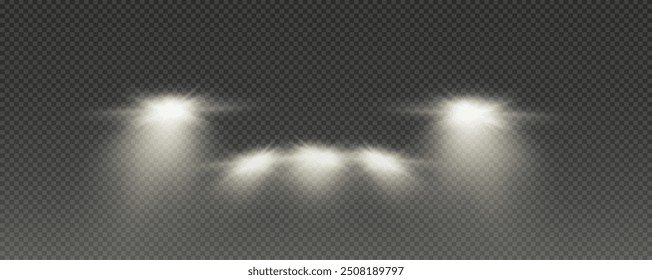 Realistic car headlights. Train moving effect, vector bright lights on transparent background png.