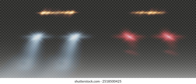 Realistic car headlights. Train moving effect, vector bright lights on transparent background png.	