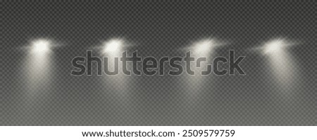 Realistic car headlights. Train moving effect, vector bright lights on transparent background png.	