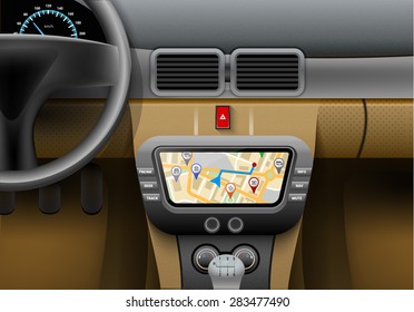 Realistic car interior with auto navigation system and gps map vector illustration