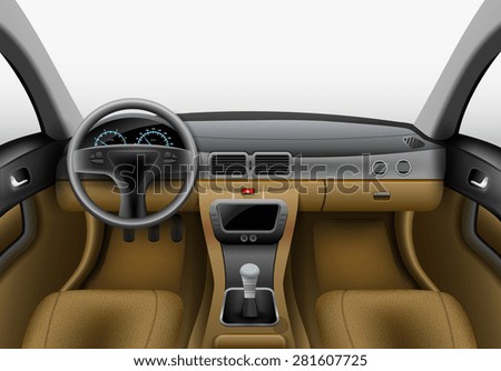 Realistic car interior with light chairs and grey dashboard vector illustration