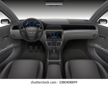 Realistic car interior with rudder, dashboard front panel and auto windshield vector illustration. Automobile interior, wind shield and dashboard