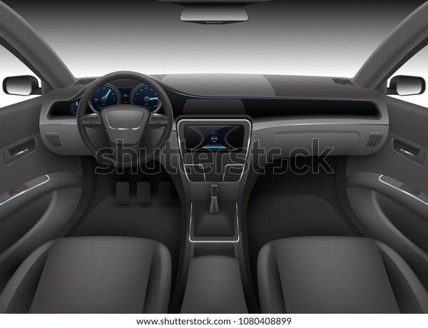 Realistic car interior with rudder, dashboard\
front panel and auto windshield vector illustration. Automobile\
interior, wind shield and\
dashboard