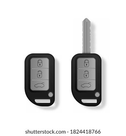 Realistic car keys black color isolated on white background. Set of electronic car key front and back view and alarm system. 3d realistic mockup. Vector illustration, eps 10. 