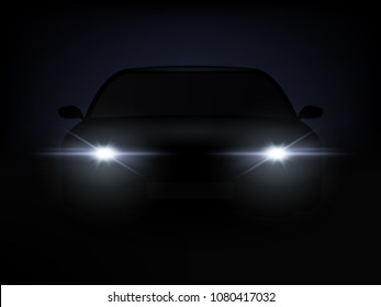 Realistic Car Lights Effect from Darkness Background Front View for Graphic Web Design. Vector illustration of Headlight Car