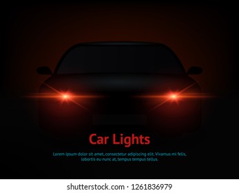 Realistic Car Lights Effect from Darkness Background Card Poster for Graphic Web Design. Vector illustration of Headlight Car