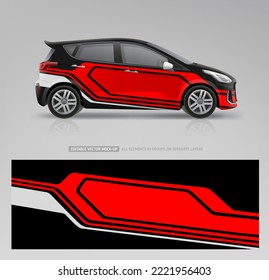 Realistic Car mockup with branding wrap design. Abstract red geometric graphics on corporate Car. Business flyer design. Racing decal on vehicle. Editable vector template