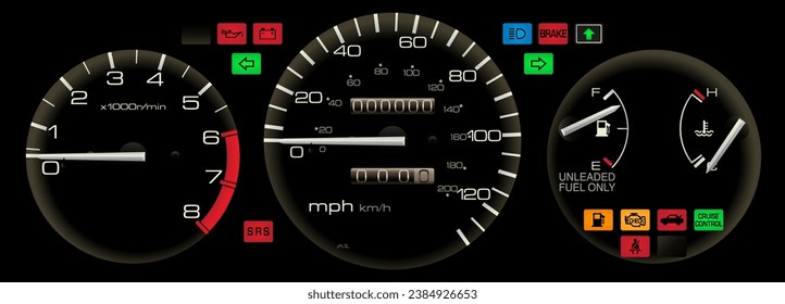 Realistic car night time electronic fuel injection with manual transmission with shift up indicator light U.S. specs instrument panel measurement unit in miles and kilometer illustration vector.