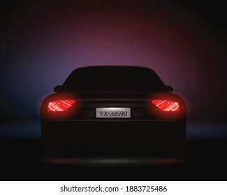 Realistic car number headlights night composition with rear view of automobile with license plate and backlight vector illustration