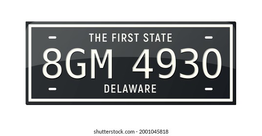 Realistic car number plate of delaware state in black color vector illustration