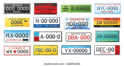 Realistic car number plate set with isolated images of license plates of various design and state vector illustration