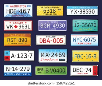 Realistic car number set with isolated colourful images of car license plates with editable text vector illustration