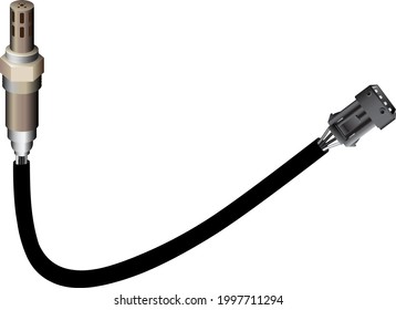 Realistic Car Oxygen Sensor Or Lambda Sensor In Electronic Fuel Injection System 4 Wires Type With Electrical Connector Illustration Vector.