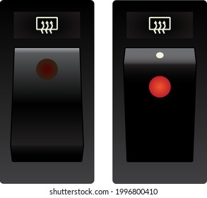 Realistic car rear window demister switch knob with illumination indicator in activated and deactivated condition illustration vector.