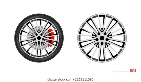 Realistic car rim. Wheel and rim symbol in modern and flat style. Vector illustration of car element for web and mobile design. Isolated on white background.