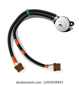 Realistic car rotation type ignition switch included electrical wires and connector plug with manufacturing date stamped on the switch illustration vector.