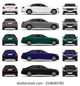 realistic car. sedan cars set. front view; side view; back view.