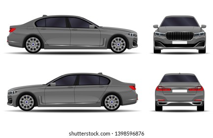 realistic car. sedan. front view; side view; back view.