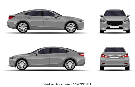 Realistic Car. Sedan. Front View; Side View; Back View.