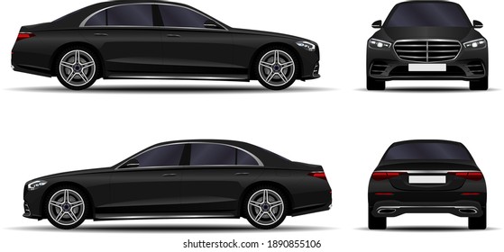 Realistic car. sedan. front view; side view; back view.