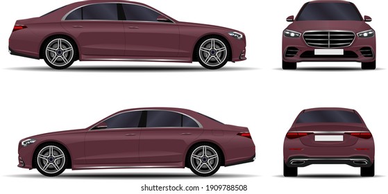 Realistic car. sedan. front view; side view; back view..