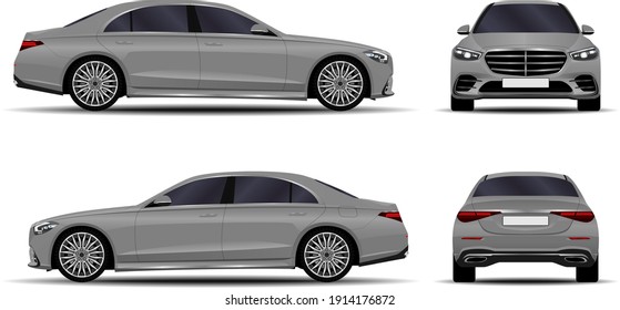 Realistic Car. Sedan. Front View; Side View; Back View.