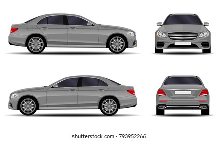 realistic car. sedan. front view; side view; back view.