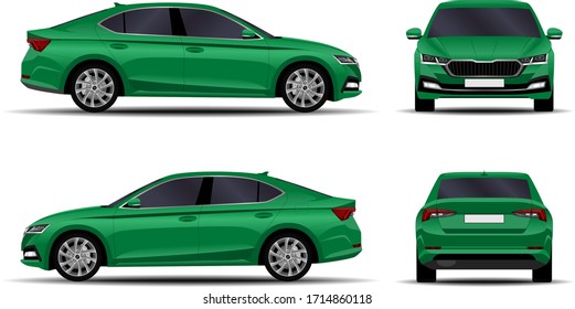 Realistic Car. Sedan. Side View, Front View, Back View.