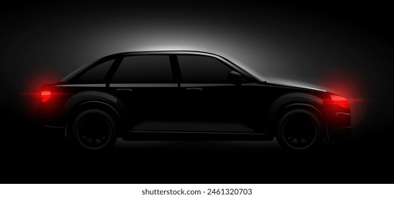 Silueta de coche realista. Vista lateral del supercoche elegante negro, coches de lujo con el faro brillante en el fondo oscuro de la noche, concepto abstracto de la conducción automática de la piel hoy en día Ilustración vectorial