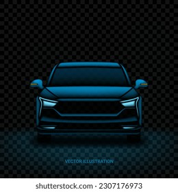 Realistic car silhouette template. Vector illustration with front view on silhouette of car isolated on black dark checkered background.