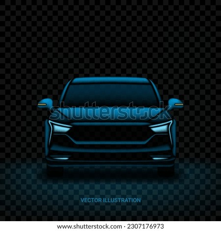 Realistic car silhouette template. Vector illustration with front view on silhouette of car isolated on black dark checkered background.