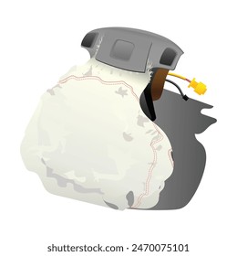 Realistische Auto-Single-State-Fahrer-Airbag-Einheit enthält Elektrokabel und Kabelbaum in entfalteten Status-Illustration Vektorgrafik.