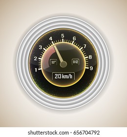 Realistic car speedometer interface background with a transmission steps on gray gradient fond vector illustration