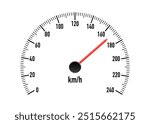 Realistic car speedometer with red speed level scale. Racing speed counter. Engine power concept template. Speed meter with red arrow and kilometers measuring scale. Vector illustration 