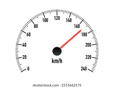 Realistic car speedometer with red speed level scale. Racing speed counter. Engine power concept template. Speed meter with red arrow and kilometers measuring scale. Vector illustration 