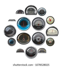 Realistic car speedometers icons set. Universal car speedometers icons to use for web and mobile UI, set of basic car speedometers elements isolated vector illustration