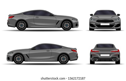 realistic car. sport coupe. front view; side view; back view.