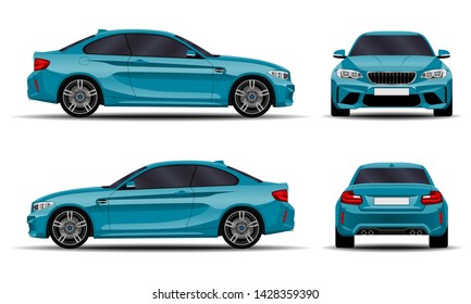 realistic car. sport coupe. front view; side view; back view.