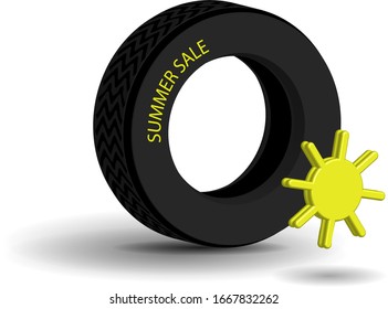 realistic car tire on transparent background with sun icon, car goods sale