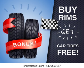 Realistic car tires as present to buying rims ad poster with racing flag vector illustration 