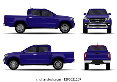 realistic car. truck, pickup. front view; side view; back view.