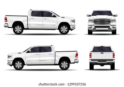 Realistic Car. Truck, Pickup. Front View; Side View; Back View.