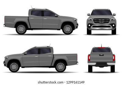 realistic car. truck, pickup. front view; side view; back view.
